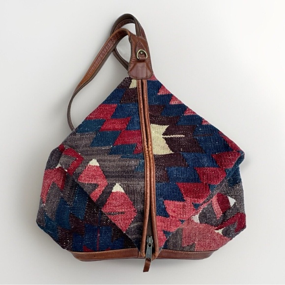 YunArt Kilim Collection Backpack‎ Wool Carpet Bag Leather Handles Tote - Picture 1 of 16